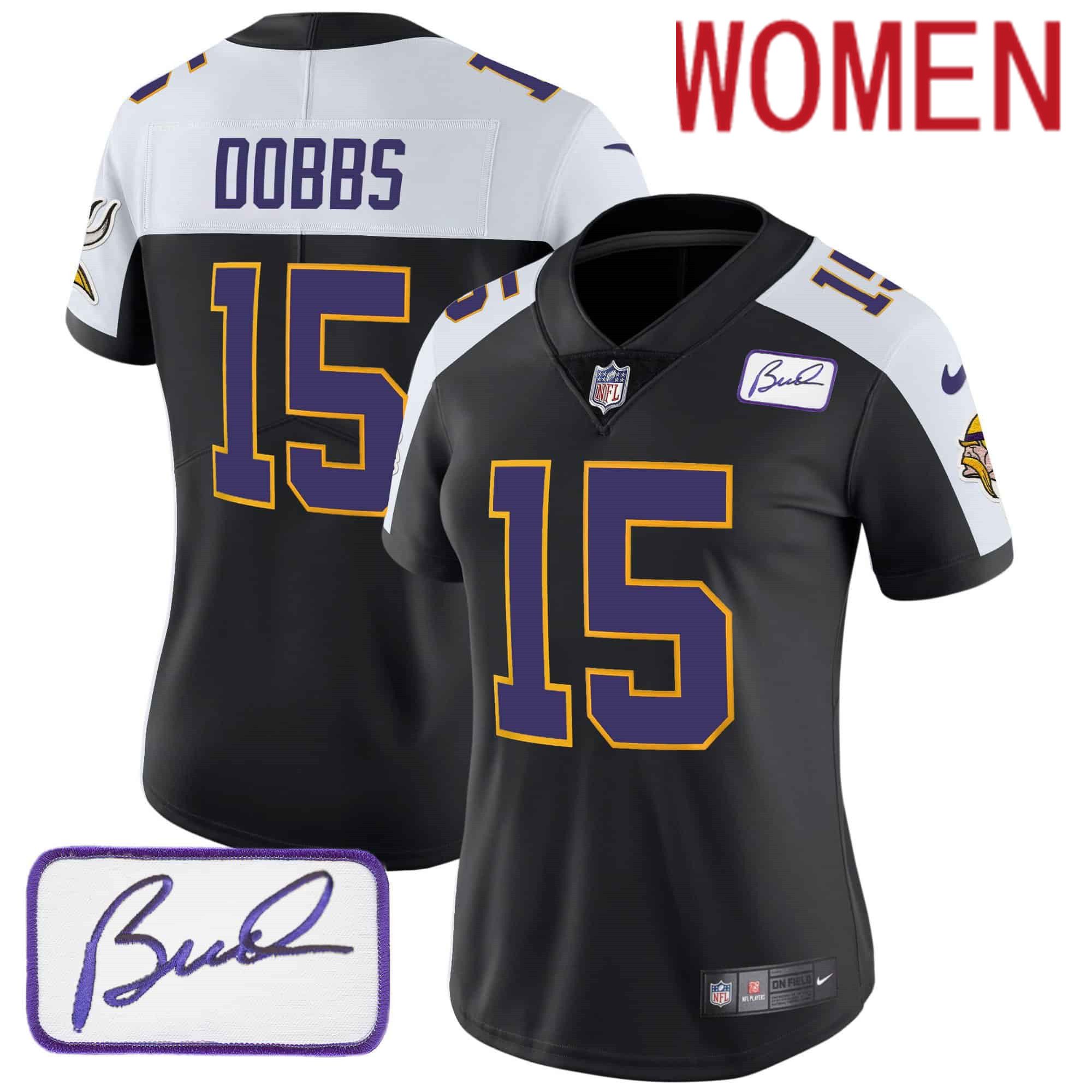 Women Minnesota Vikings #15 Dobbs Black 2024 Nike Patch Classic Limited NFL Jersey->women nfl jersey->Women Jersey